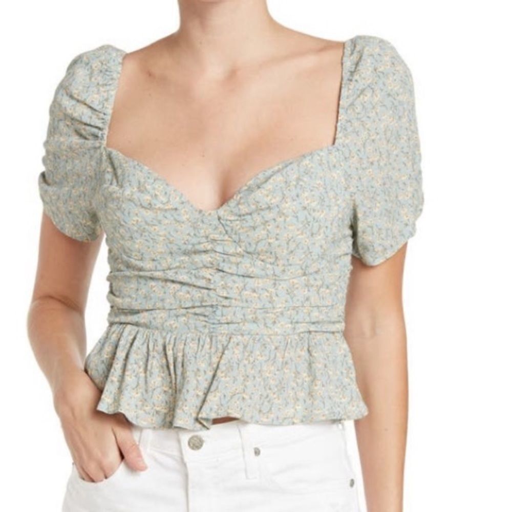 Astr Light Blue Floral Ruched Peplum Puff Sleeve Top